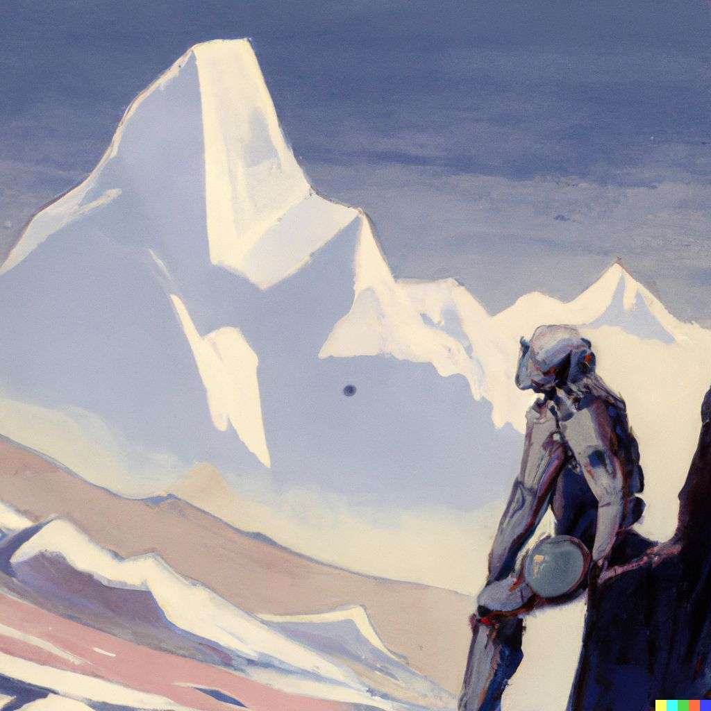 someone gazing at Mount Everest, by Syd Mead